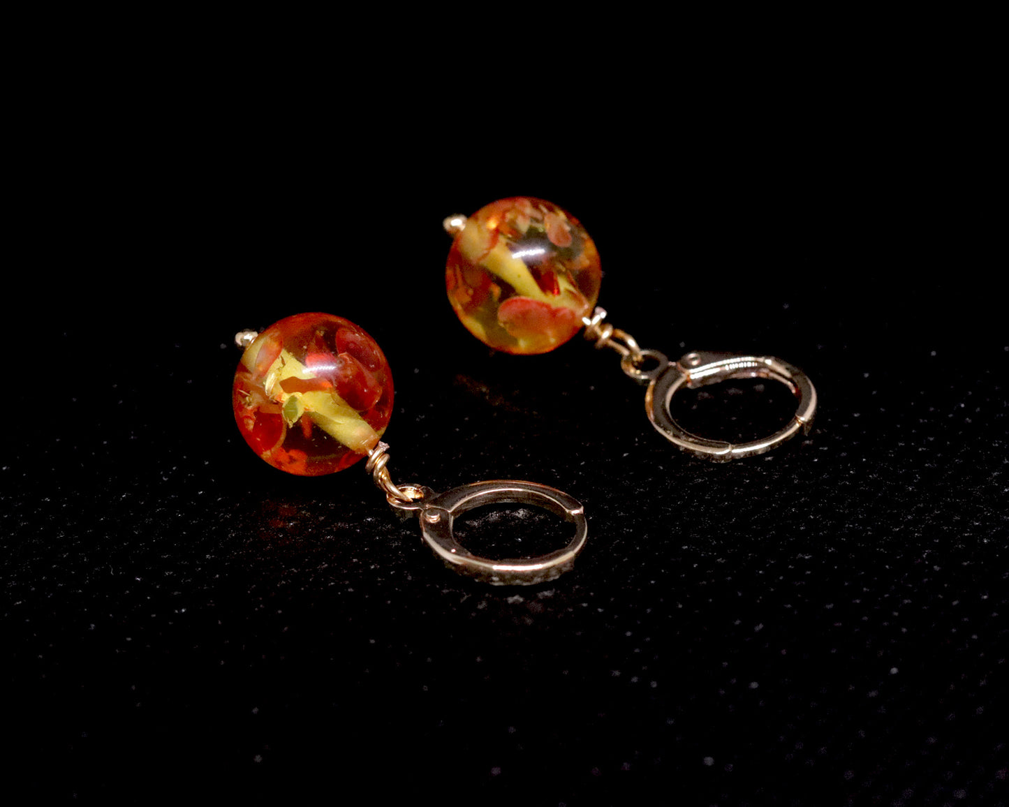 Sparkling Amber 10mm Round Bead Drop Dangle Earrings, Natural Gemstones Gold Beads, Handmade Earrings, Daily Wearing