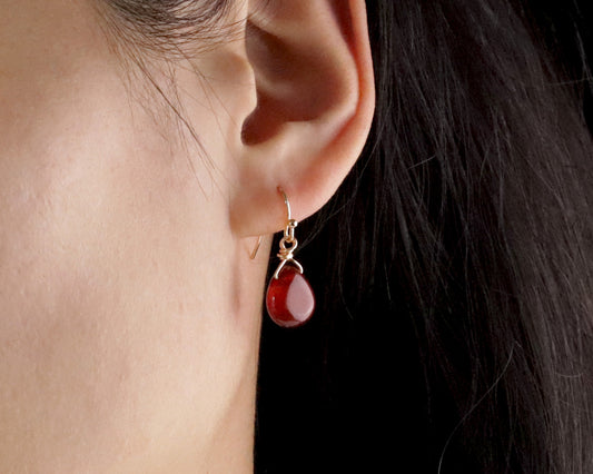 Natural Red Carnelian Teardrop-Shaped Drop Earrings, Genuine Gemstone Handmade Earrings