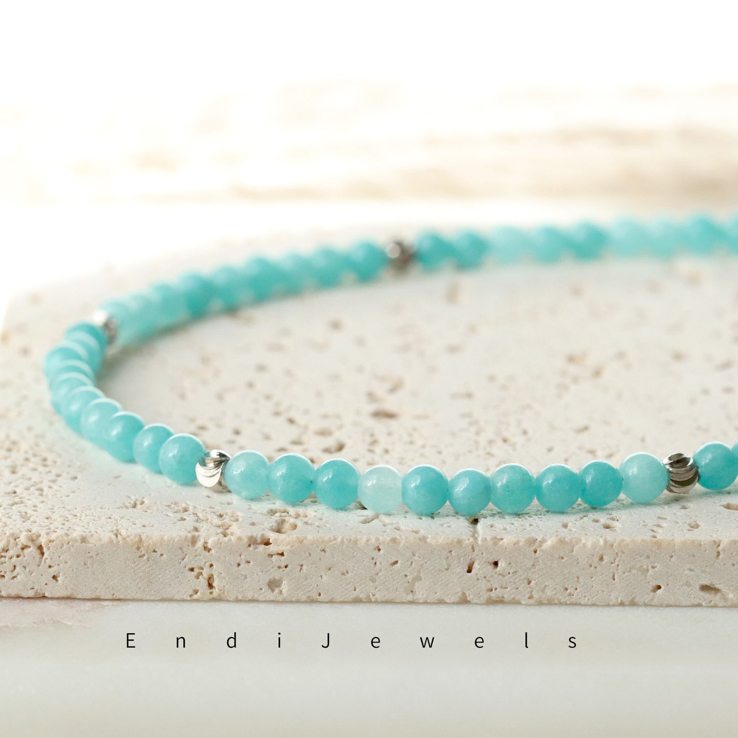 Amazonite 4mm Round Beaded Choker, Bracelet, Natural Blue Gemstones