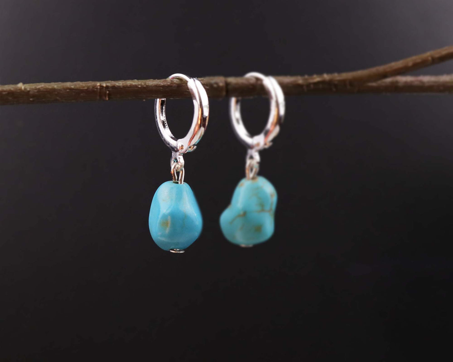 Blue Turquoise Stone Beaded Earrings, Dangle Drop Earrings, Hoop Earrings