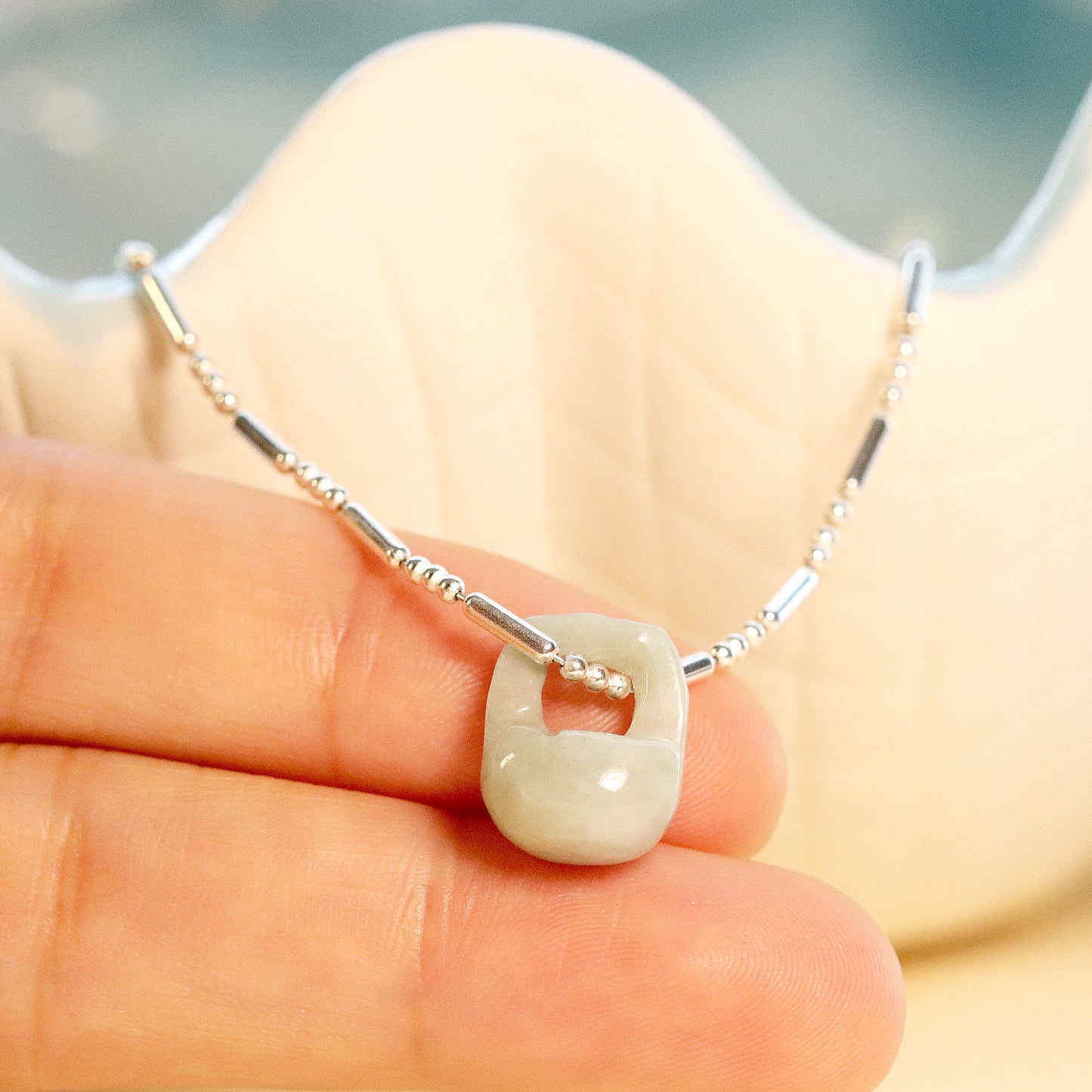 Natural Jade Pendent Chain Necklace, Sterling Silver Necklace, Minimalist Necklace