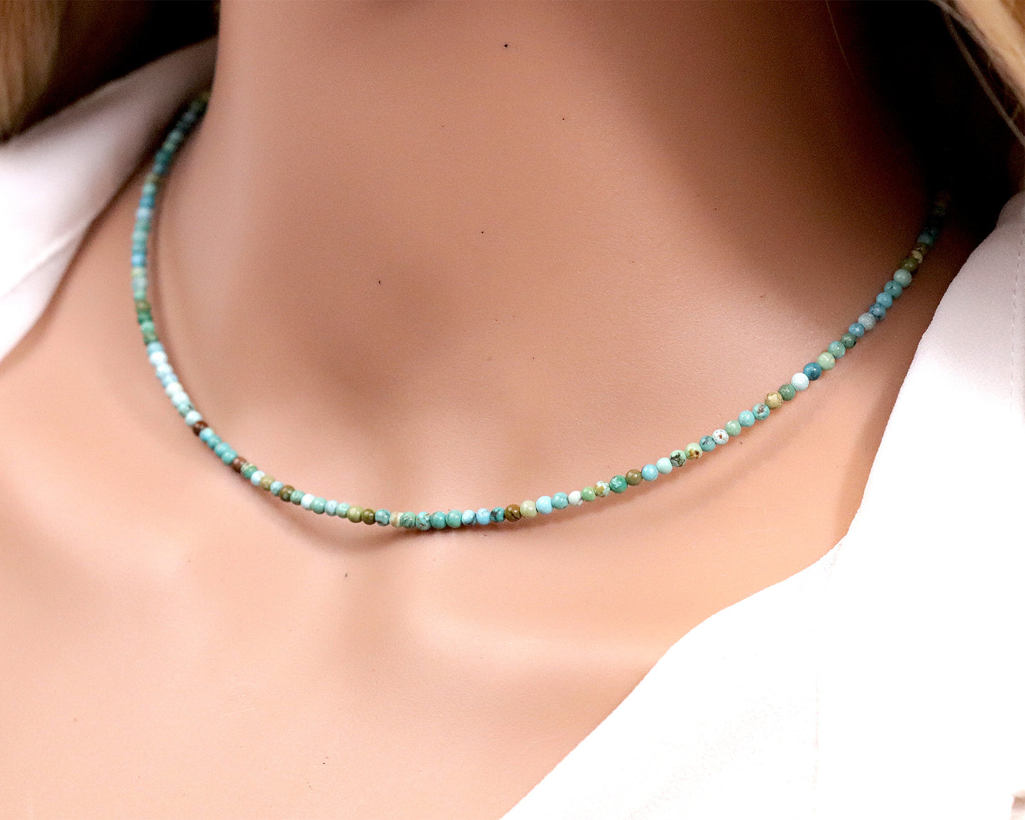 Hubei Turquoise 2mm Round Beaded Choker, Natural Gemstones