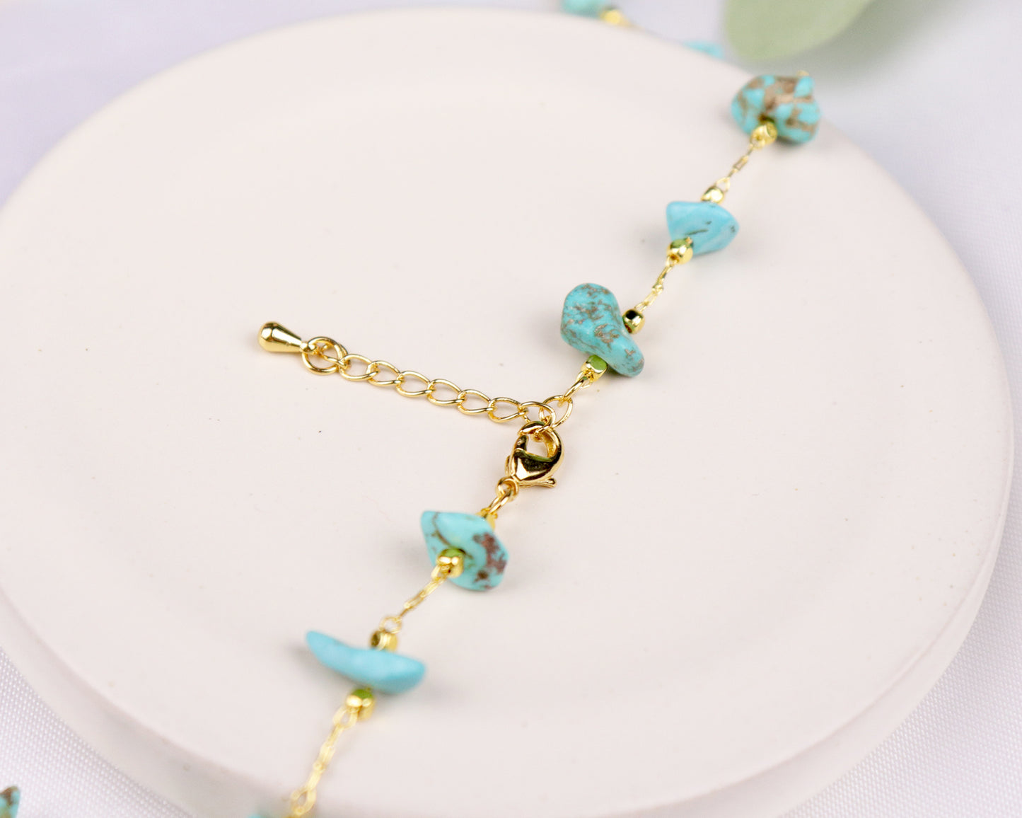 Blue Turquoise Irregular Chips Gold Chain Choker, Natural Gemstones