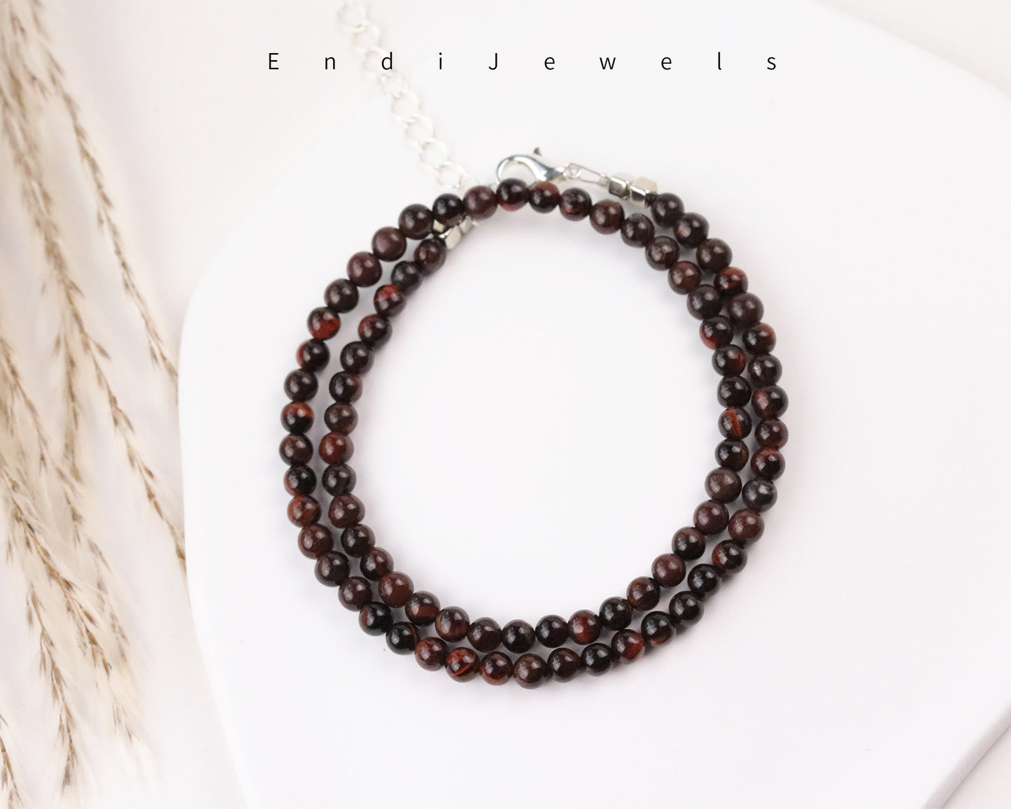 Red Tiger's Eye 4.5mm Round Beaded Choker, Bracelet, Natural Gemstones