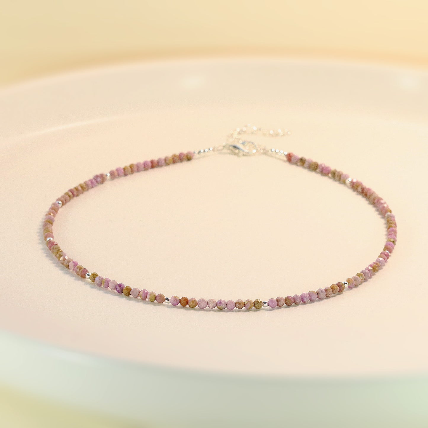 Pink Mica 3mm Faceted Beaded Choker, Bracelet, Natural Gemstones