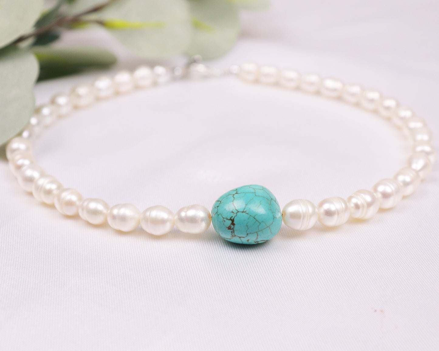 White Freshwater 8mm Pearls with Natural Blue Turquoise Stone Necklace, Real Pearl, Genuine Gemstones