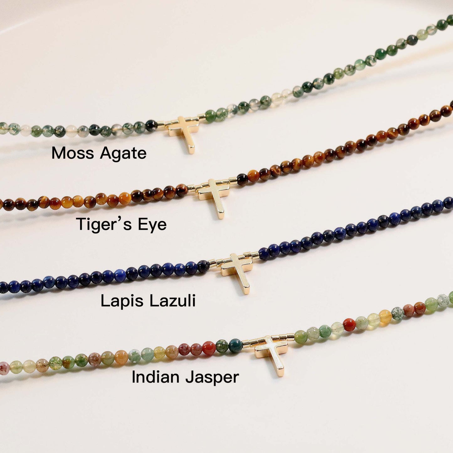 Natural Gemstone Beaded Choker with Cross Pendant, 3mm Beads, Moss Agate, Indian Jasper, Lapis Lazuli, Tiger's Eye