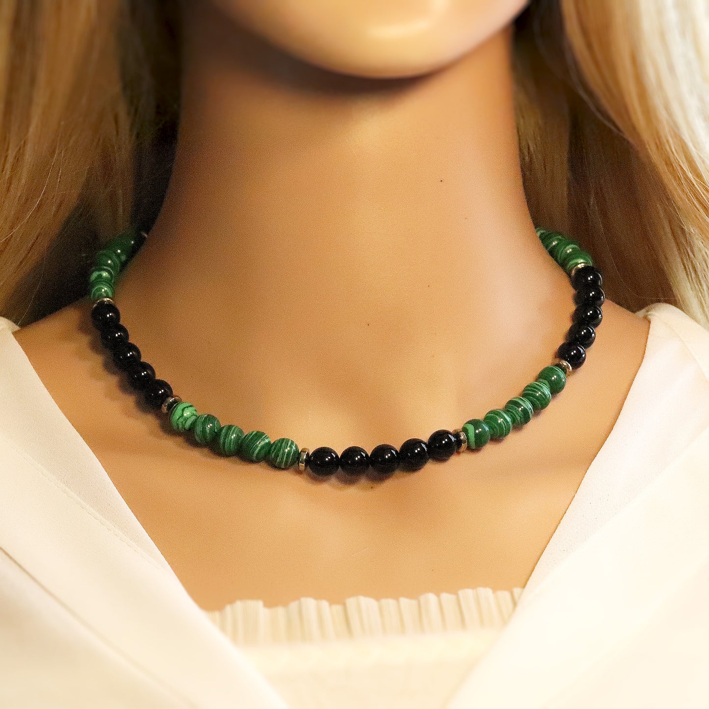 Malachite and Black Onyx 7mm Beaded Necklace, Bracelet, Natural Gemstones