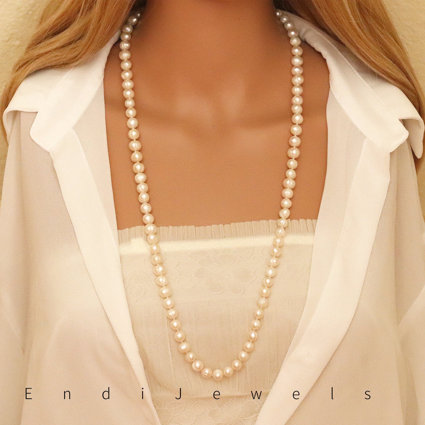 White Freshwater Pearl Long Necklace, Real Pearls