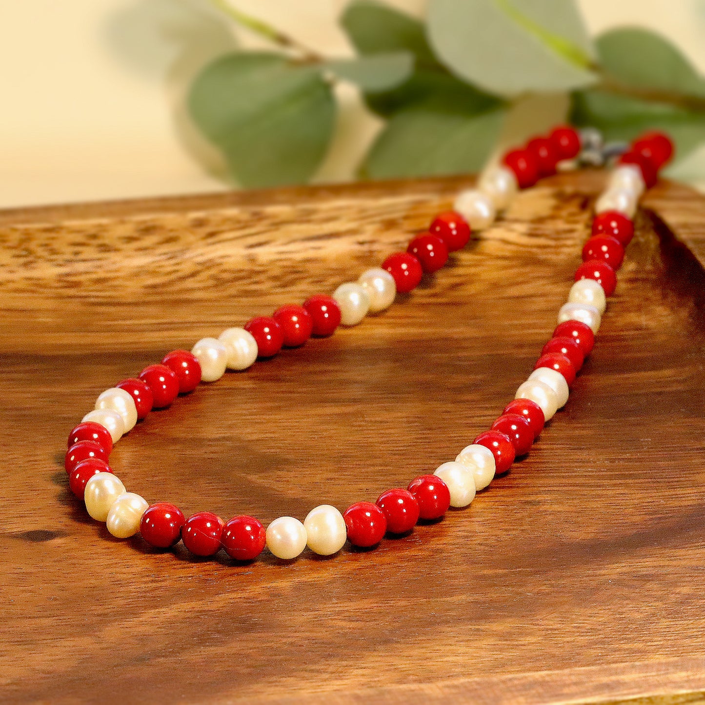 Red Coral and White Pearl 6mm Beaded Necklace