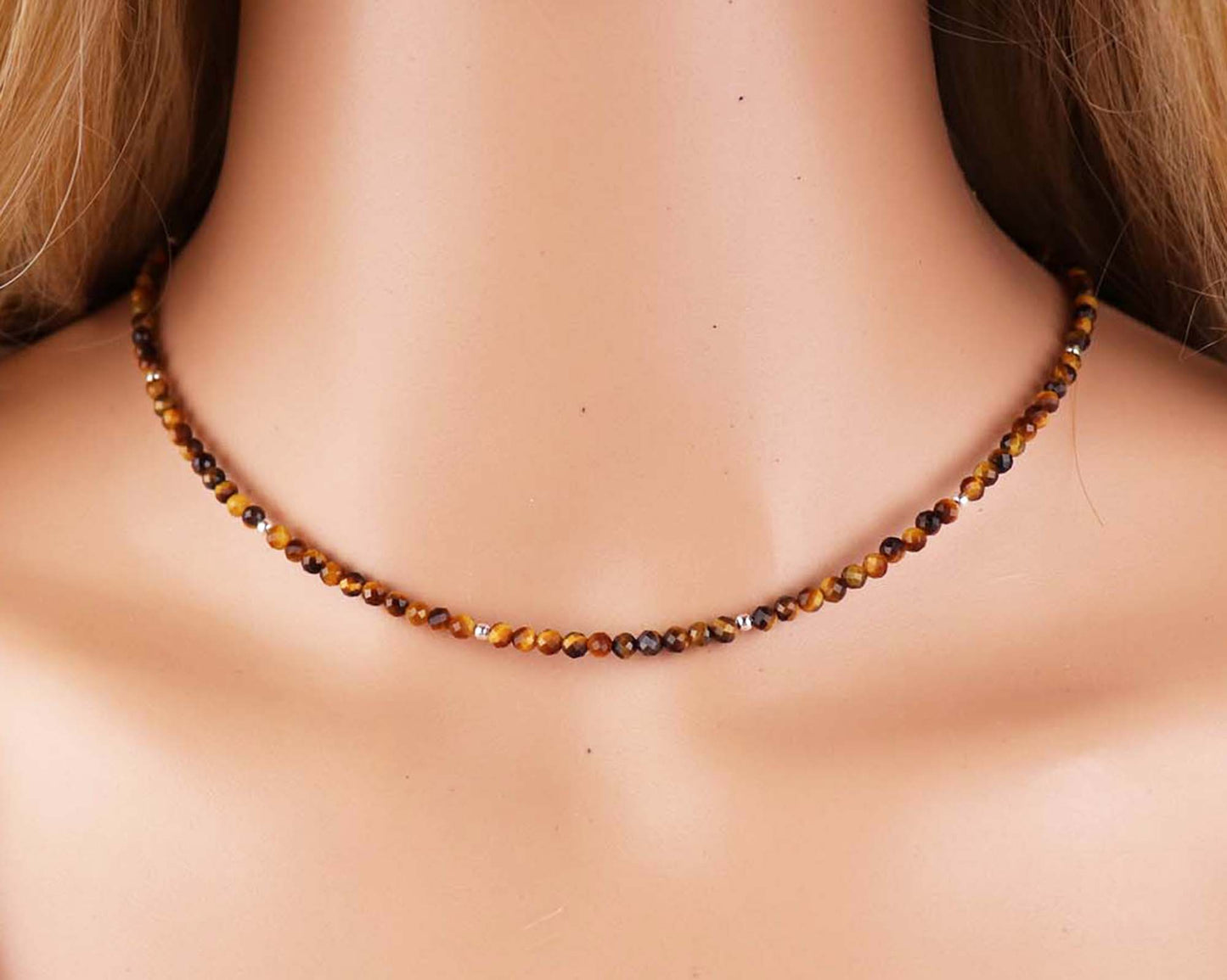 Tiger's Eye 3mm Faceted Beaded Choker, Bracelet, Natural Gemstones