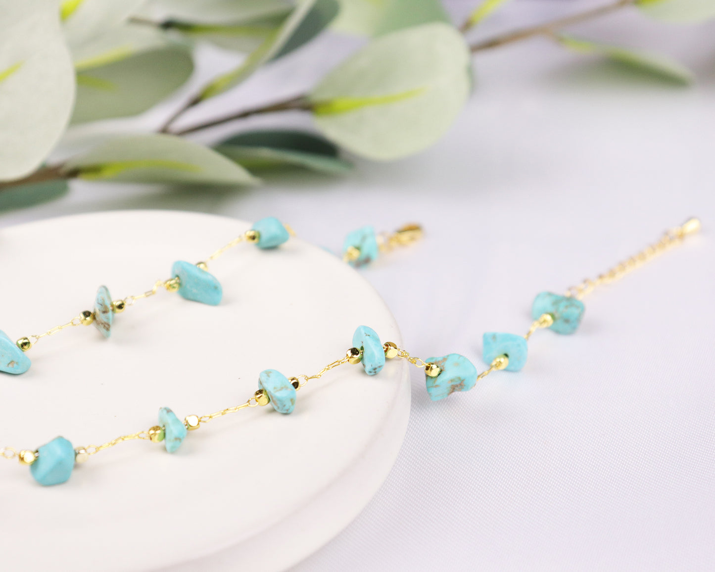 Blue Turquoise Irregular Chips Gold Chain Choker, Natural Gemstones