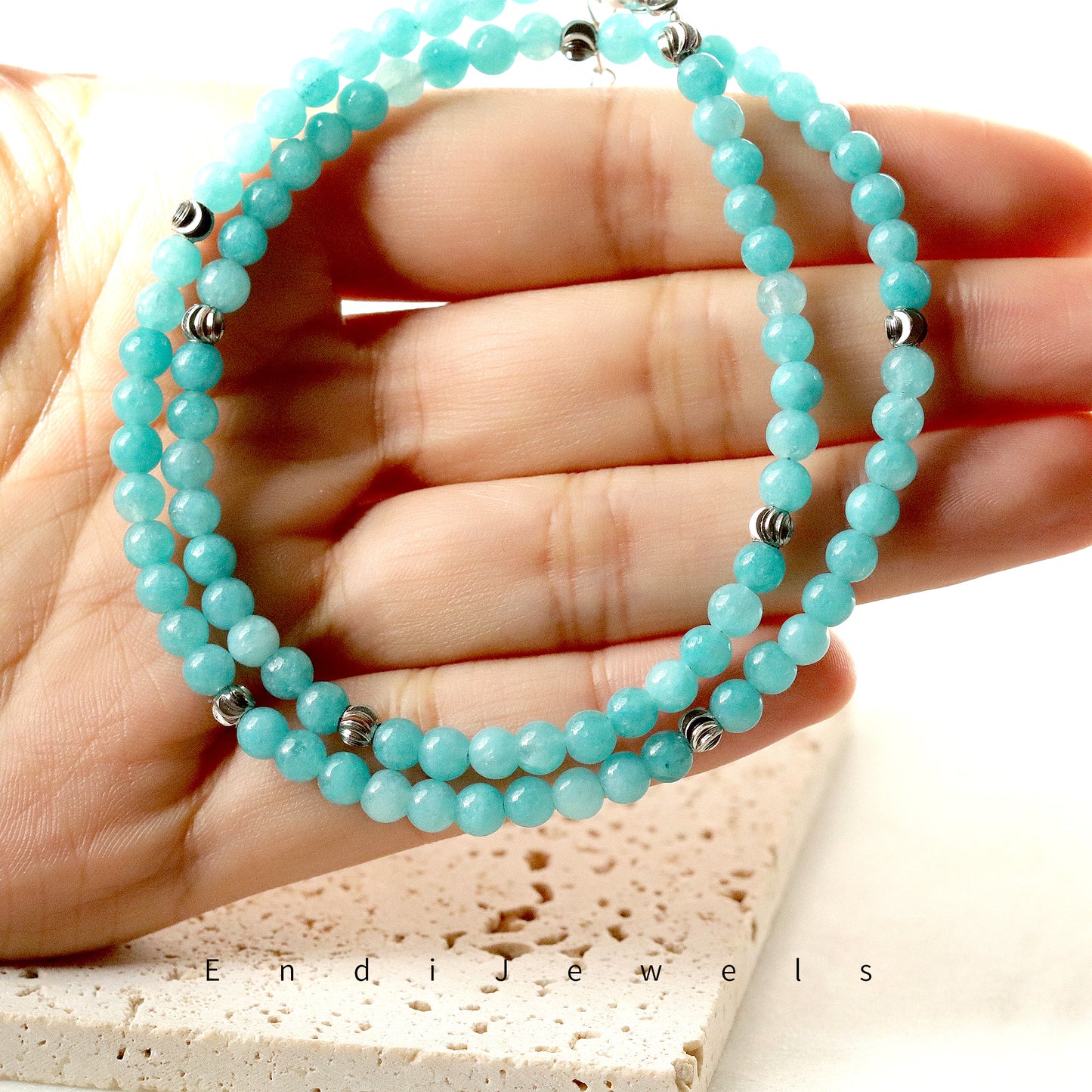 Amazonite 4mm Round Beaded Choker, Bracelet, Natural Blue Gemstones