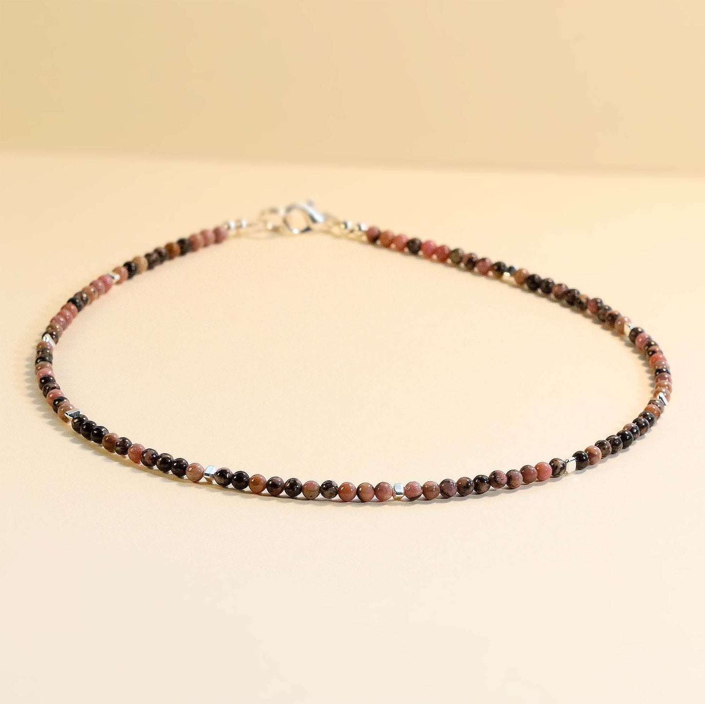 Rhodonite 3mm Round Beaded Choker, Bracelet, Natural Gemstones