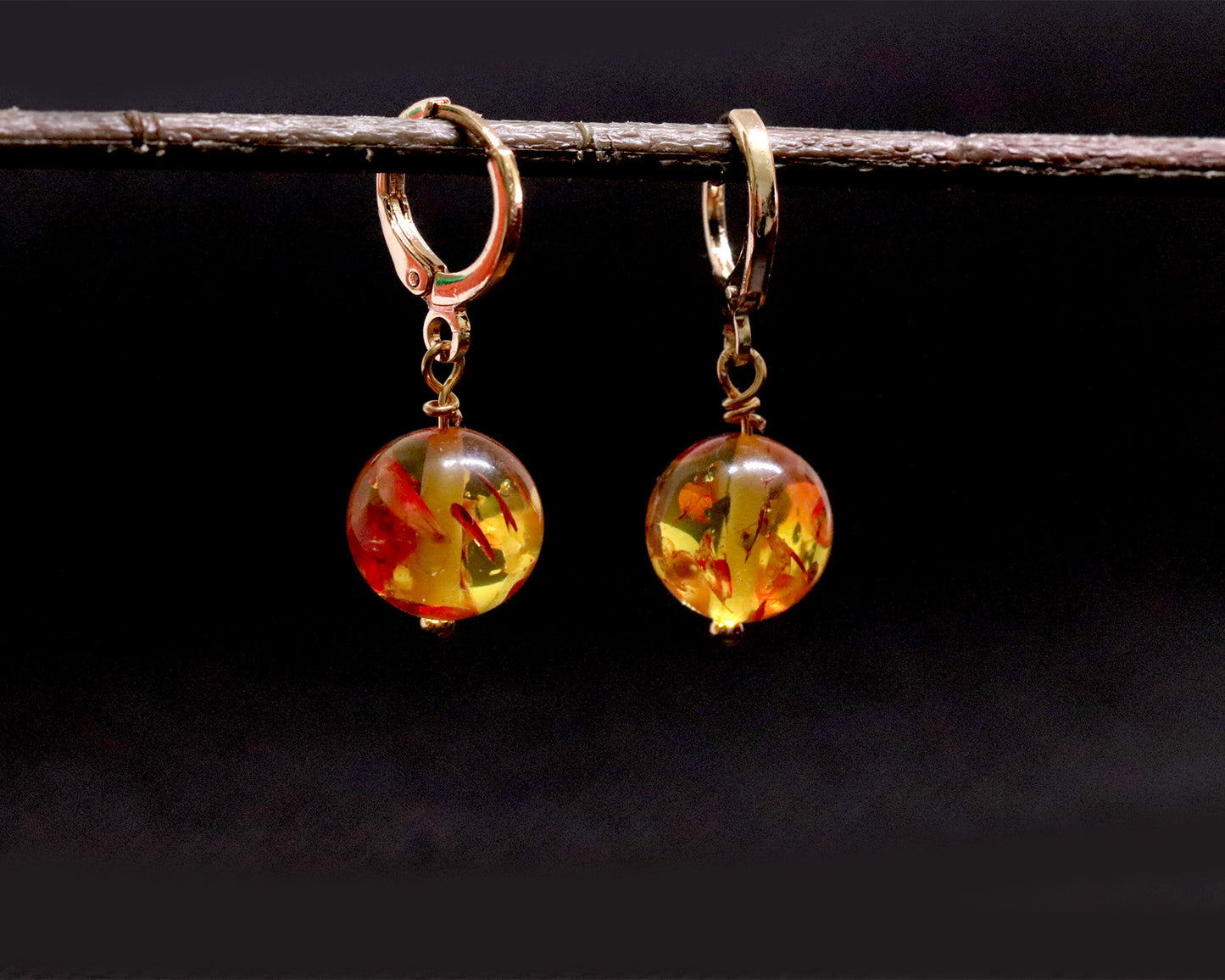 Sparkling Amber 10mm Round Bead Drop Dangle Earrings, Natural Gemstones Gold Beads, Handmade Earrings, Daily Wearing