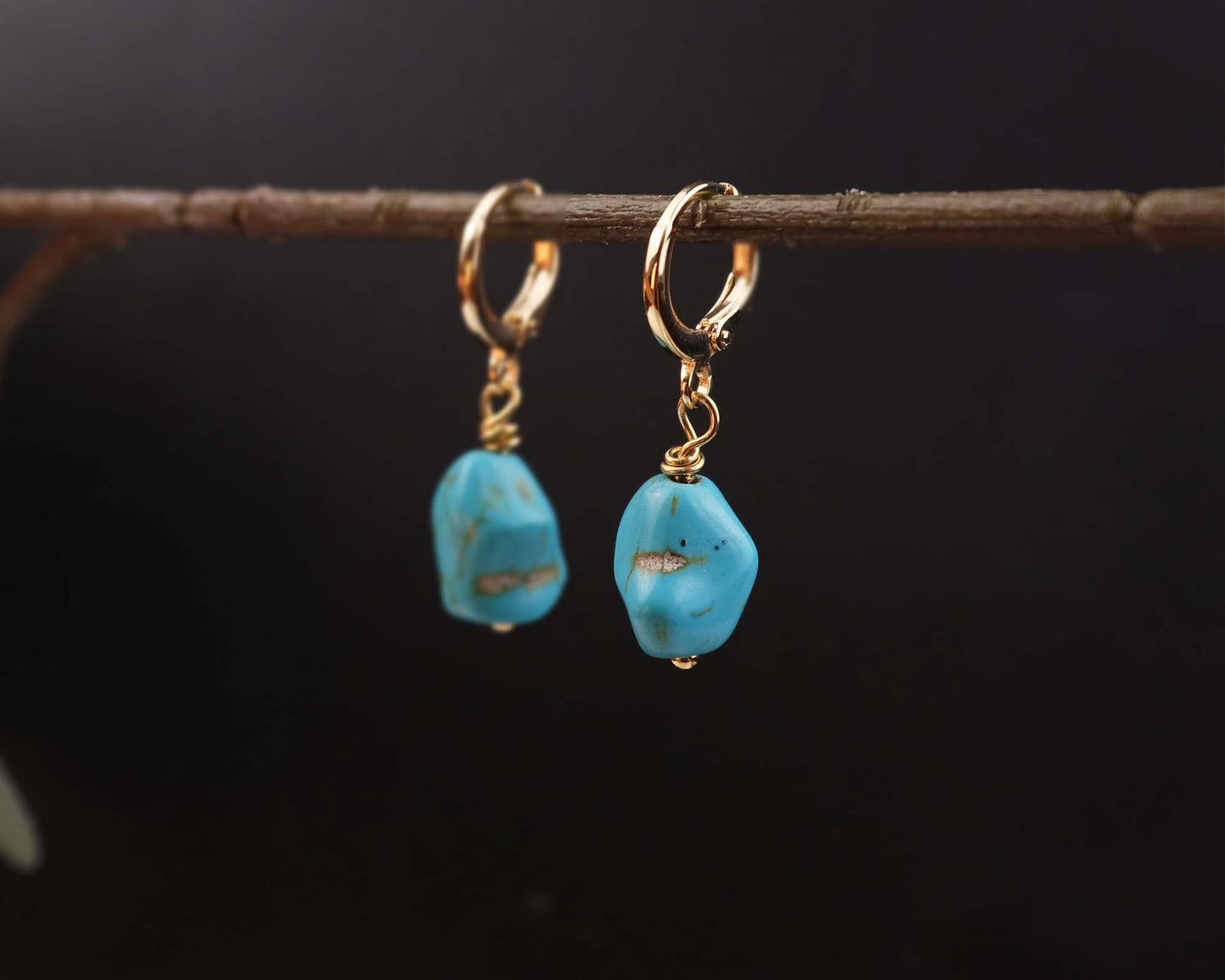 Blue Turquoise Stone Beaded Earrings, Dangle Drop Earrings, Hoop Earrings