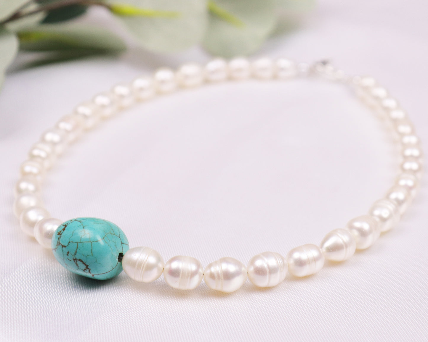 White Freshwater 8mm Pearls with Natural Blue Turquoise Stone Necklace, Real Pearl, Genuine Gemstones