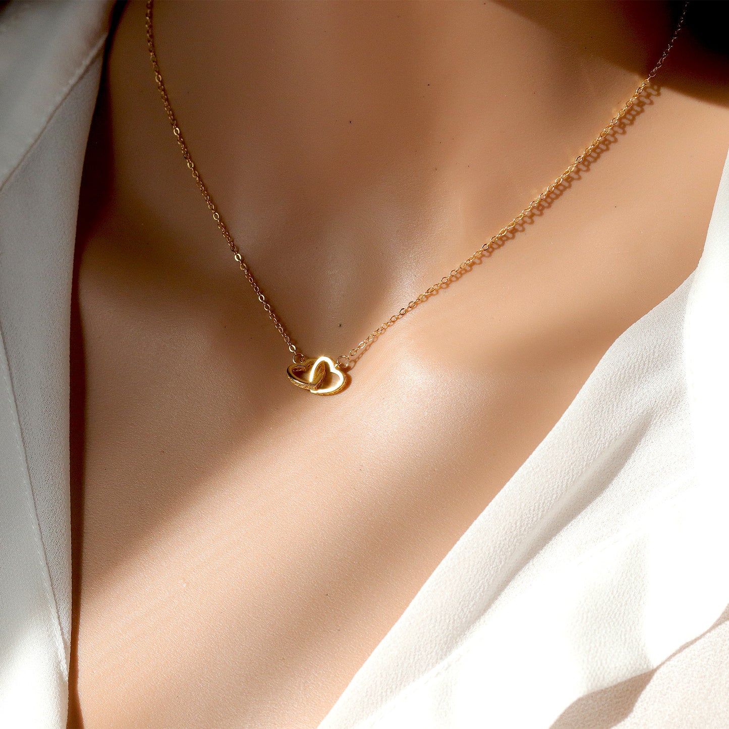 Two Hearts Dainty Gold Chain Choker, 925 Sterling Silver 18K Chain, Minimalist Style