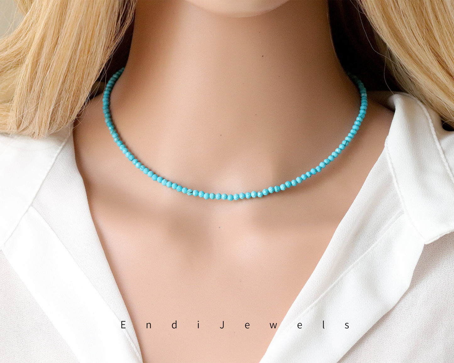 Blue Turquoise 3mm Faceted Beaded Choker, Bracelet, Natural Gemstones