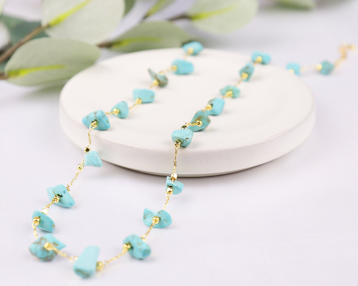 Blue Turquoise Irregular Chips Gold Chain Choker, Natural Gemstones