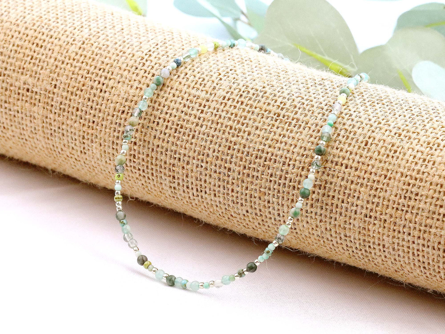 Green Mixed Gemstone 3mm Round Beaded Choker, Bracelet, Natural Gemstones