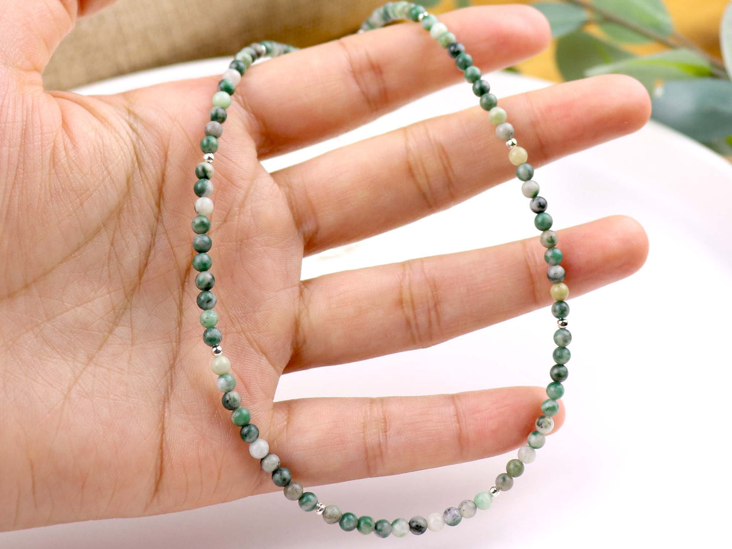 Green Jade 3mm Round Beaded Choker, Bracelet, Natural Gemstones