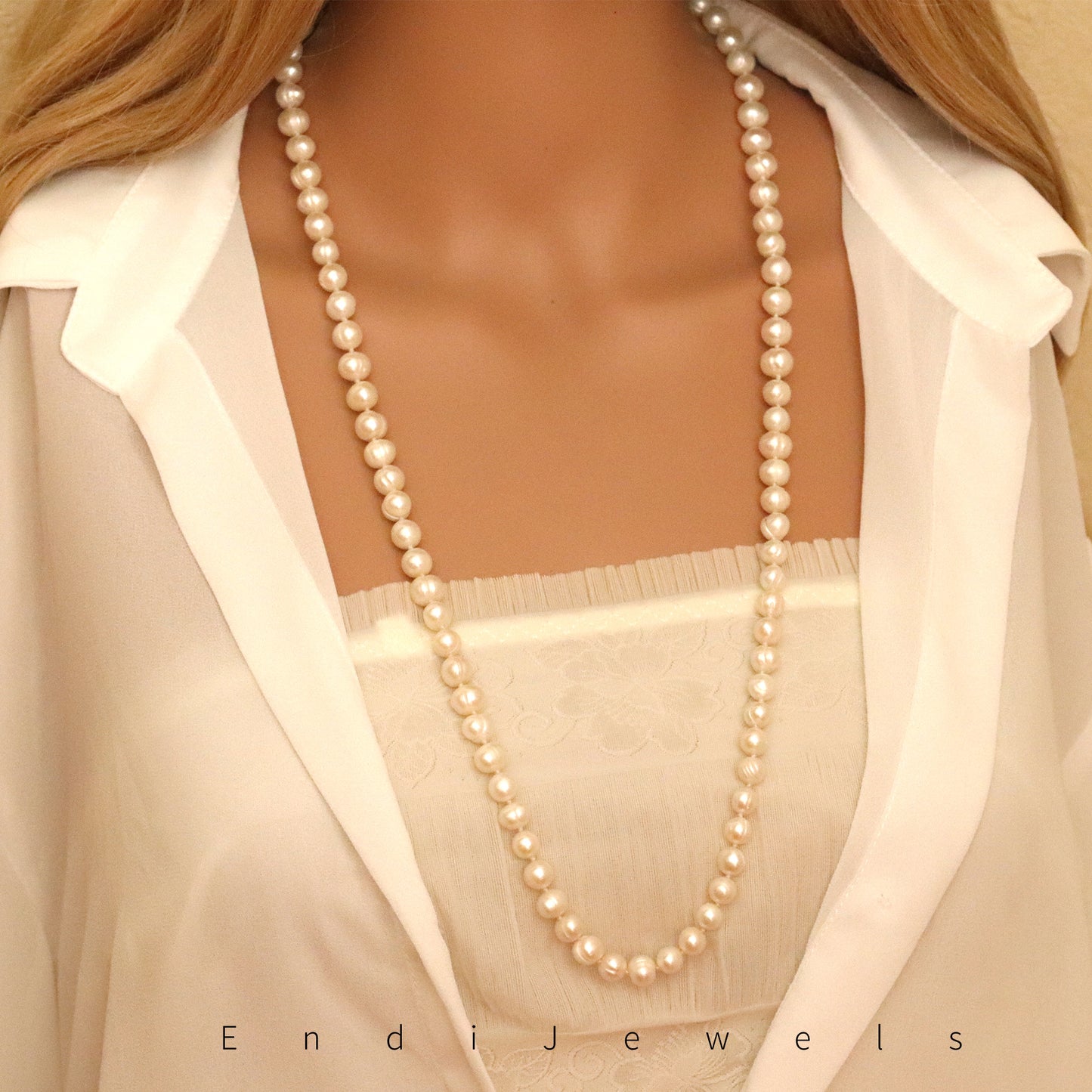 White Freshwater Pearl Long Necklace, Real Pearls