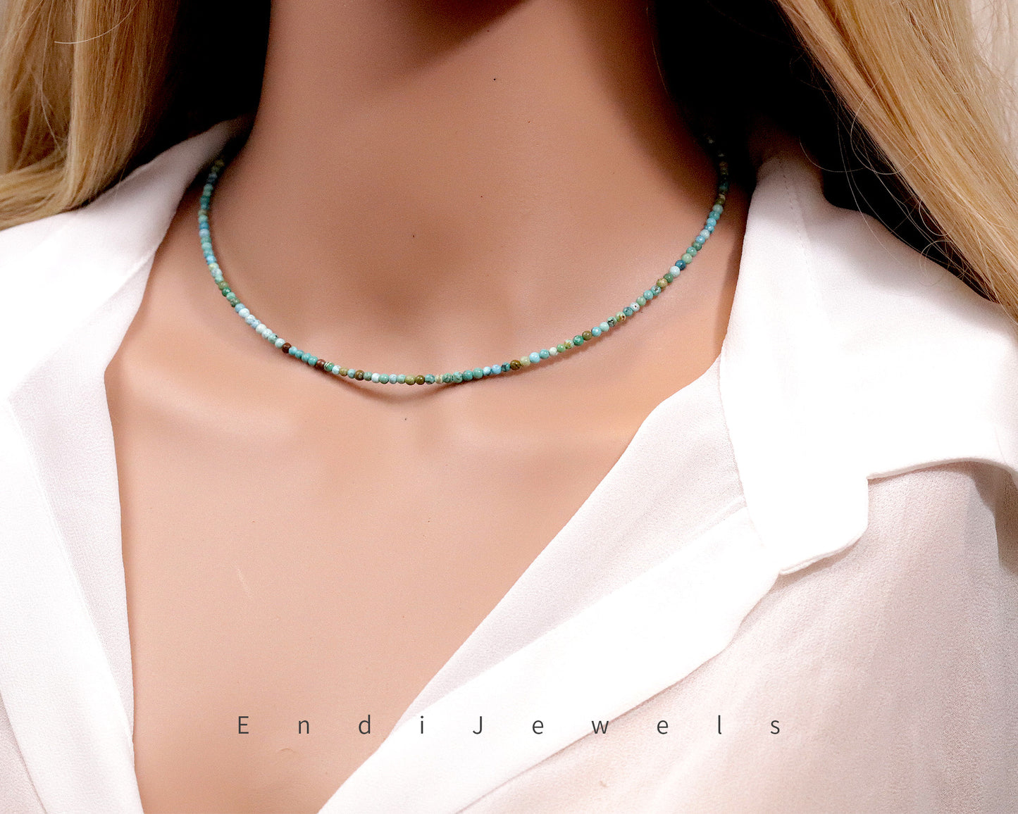 Hubei Turquoise 2mm Round Beaded Choker, Natural Gemstones