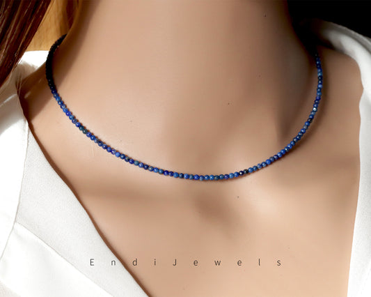 Lapis Lazuli 2mm Round Beaded Choker, Natural Gemstones, Tiny Beaded Necklace