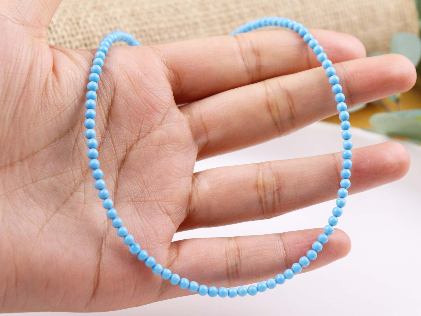 Blue Turquoise 3mm Round Beaded Choker, Bracelet, Natural Gemstones