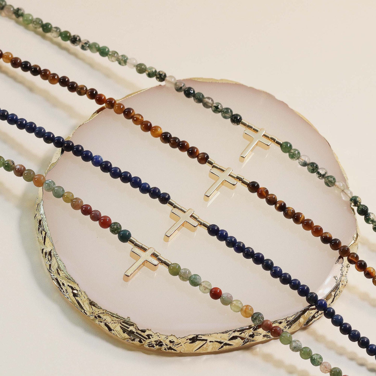 Natural Gemstone Beaded Choker with Cross Pendant, 3mm Beads, Moss Agate, Indian Jasper, Lapis Lazuli, Tiger's Eye