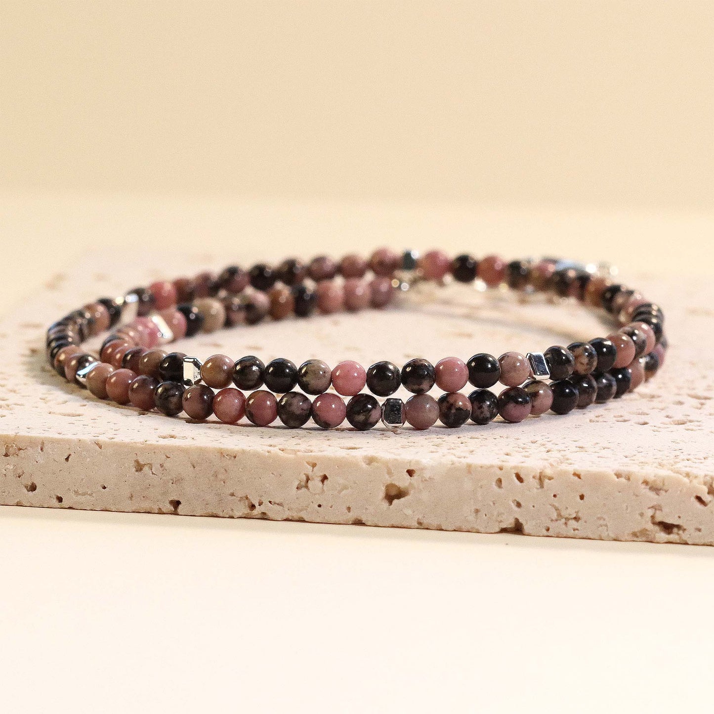 Rhodonite 3mm Round Beaded Choker, Bracelet, Natural Gemstones