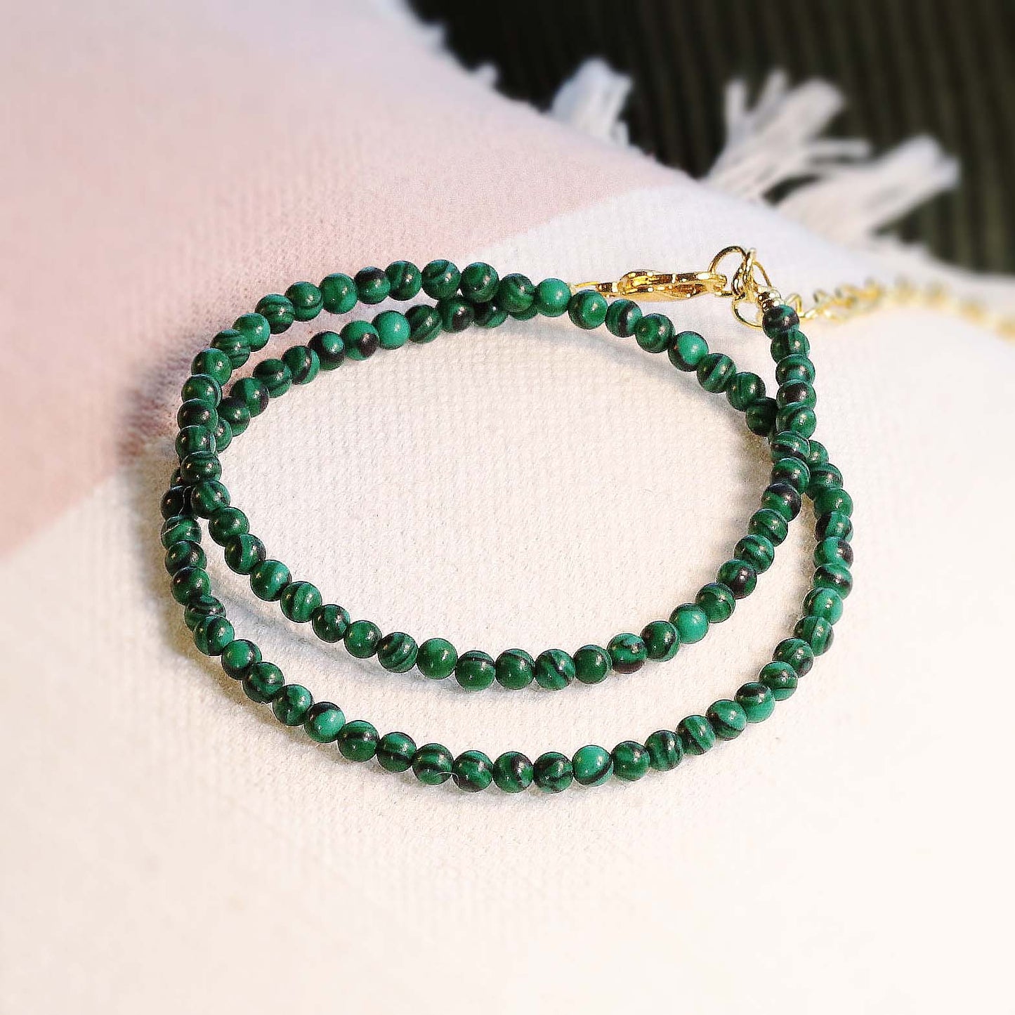 Malachite 3mm Round Beaded Choker, Bracelet