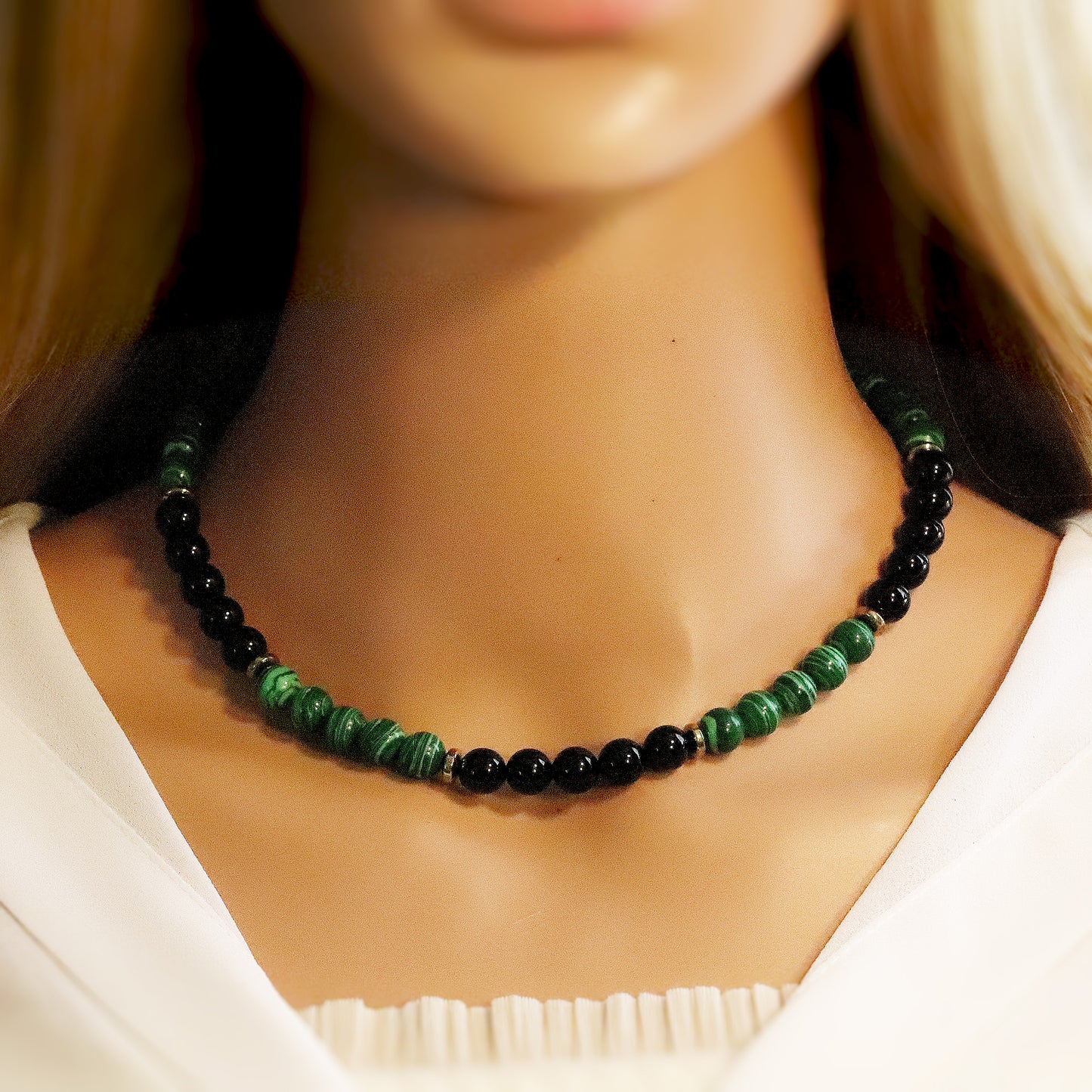 Malachite and Black Onyx 7mm Beaded Necklace, Bracelet, Natural Gemstones