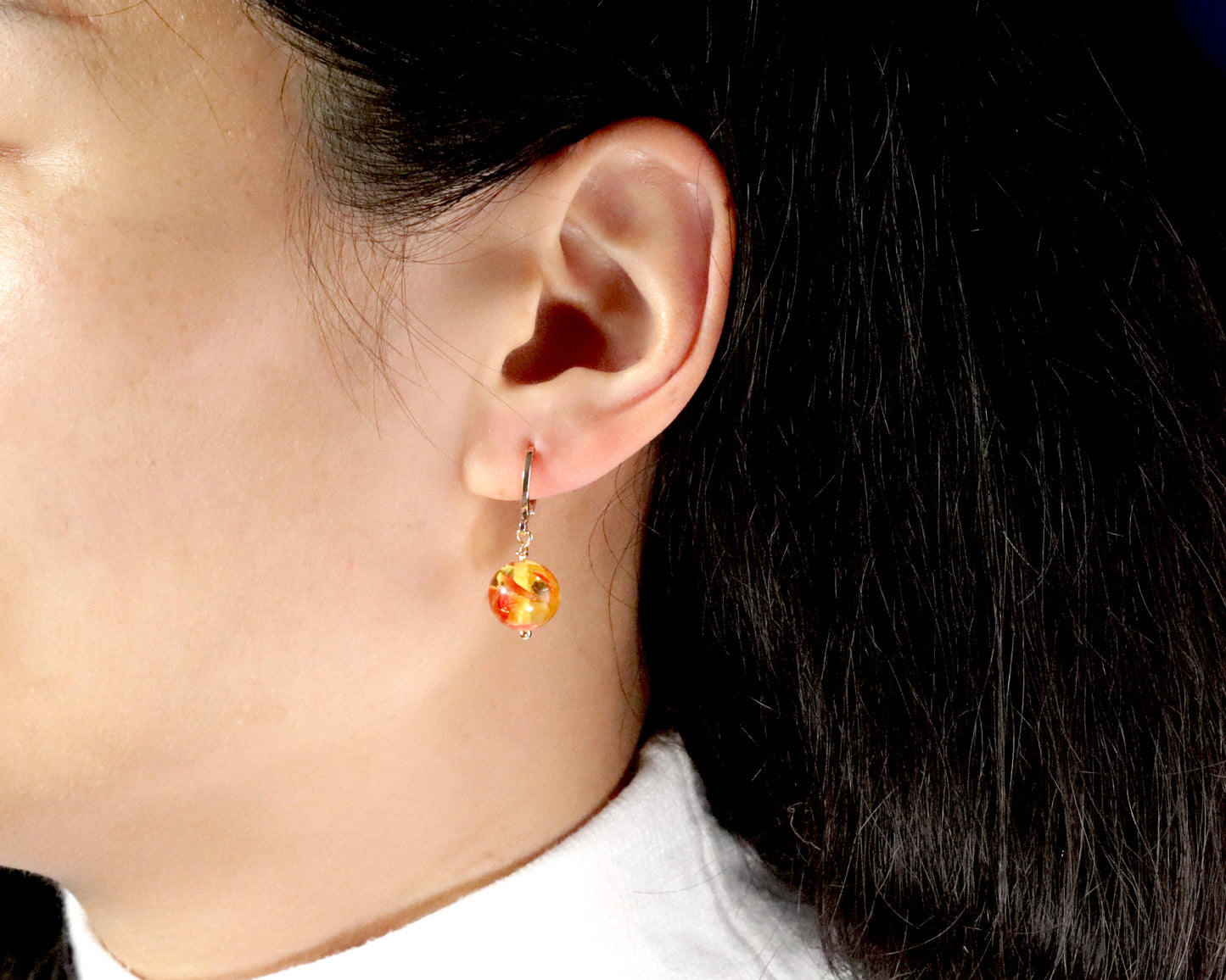 Sparkling Amber 10mm Round Bead Drop Dangle Earrings, Natural Gemstones Gold Beads, Handmade Earrings, Daily Wearing