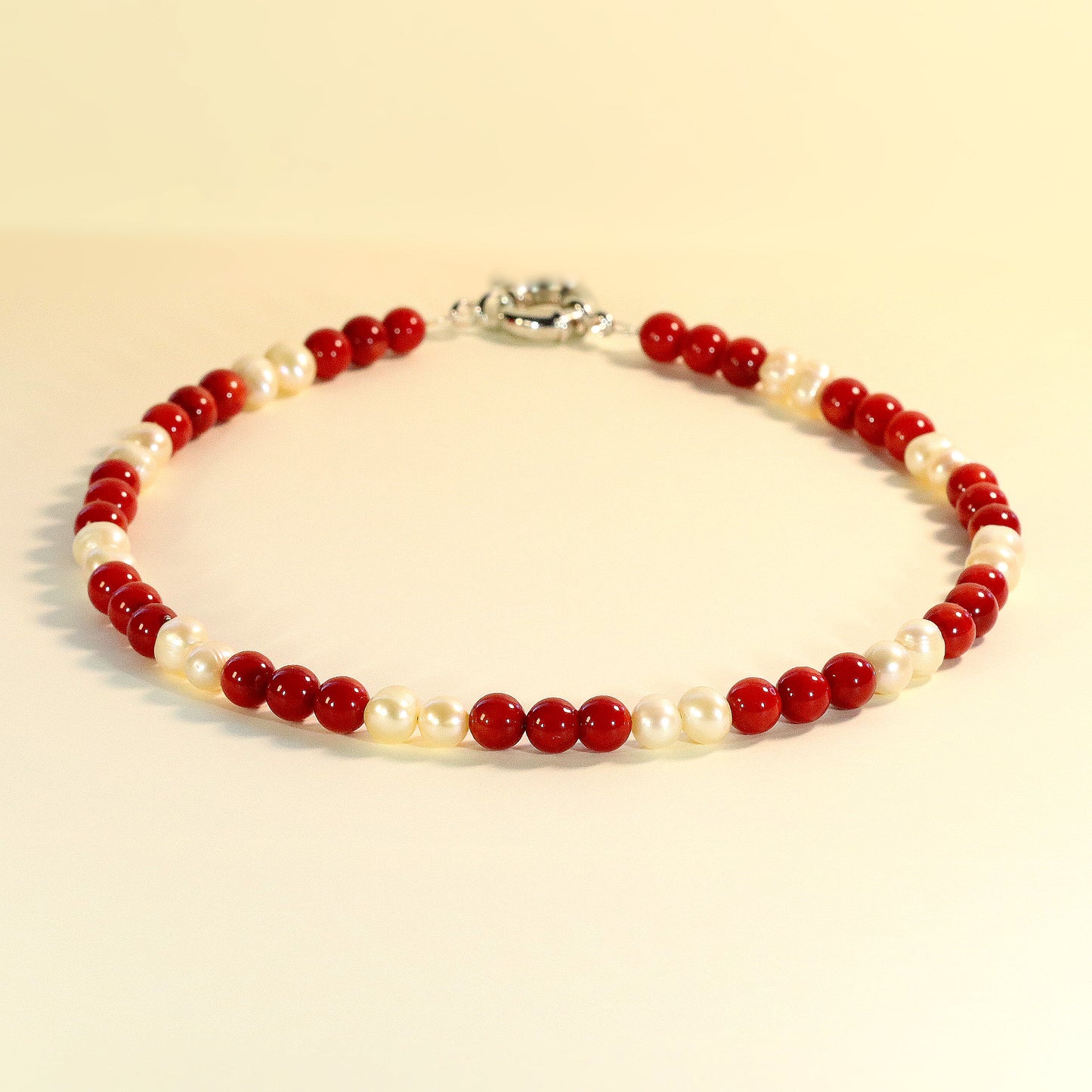 Red Coral and White Pearl 6mm Beaded Necklace