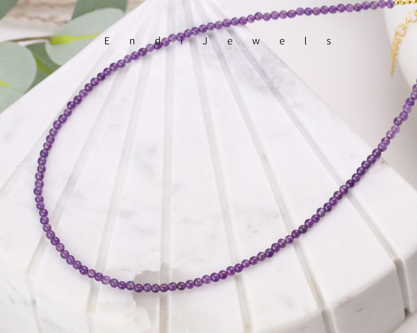 Amethyst 3mm Round Beaded Choker, Bracelet, Natural Purple Gemstones