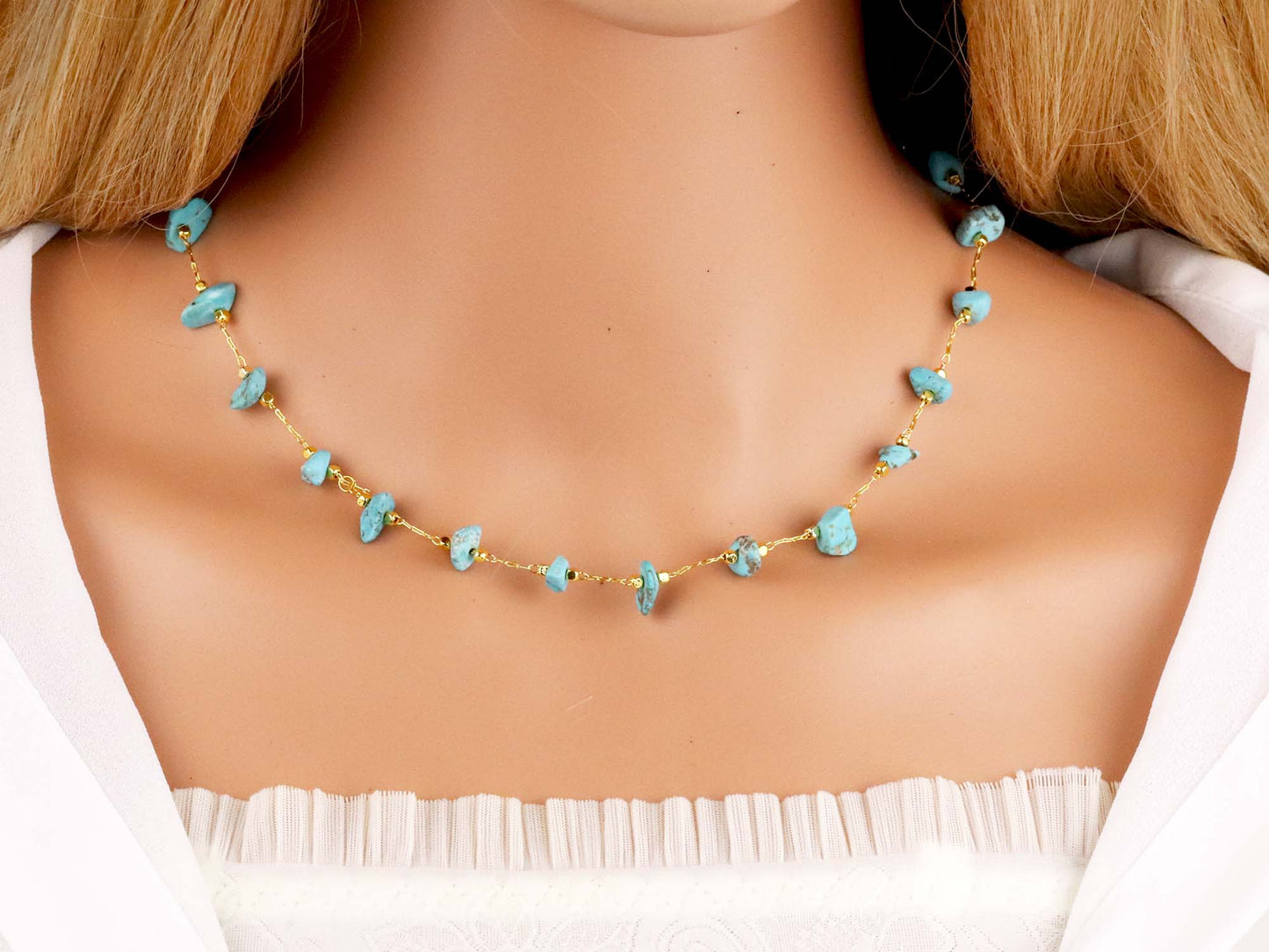 Blue Turquoise Irregular Chips Gold Chain Choker, Natural Gemstones