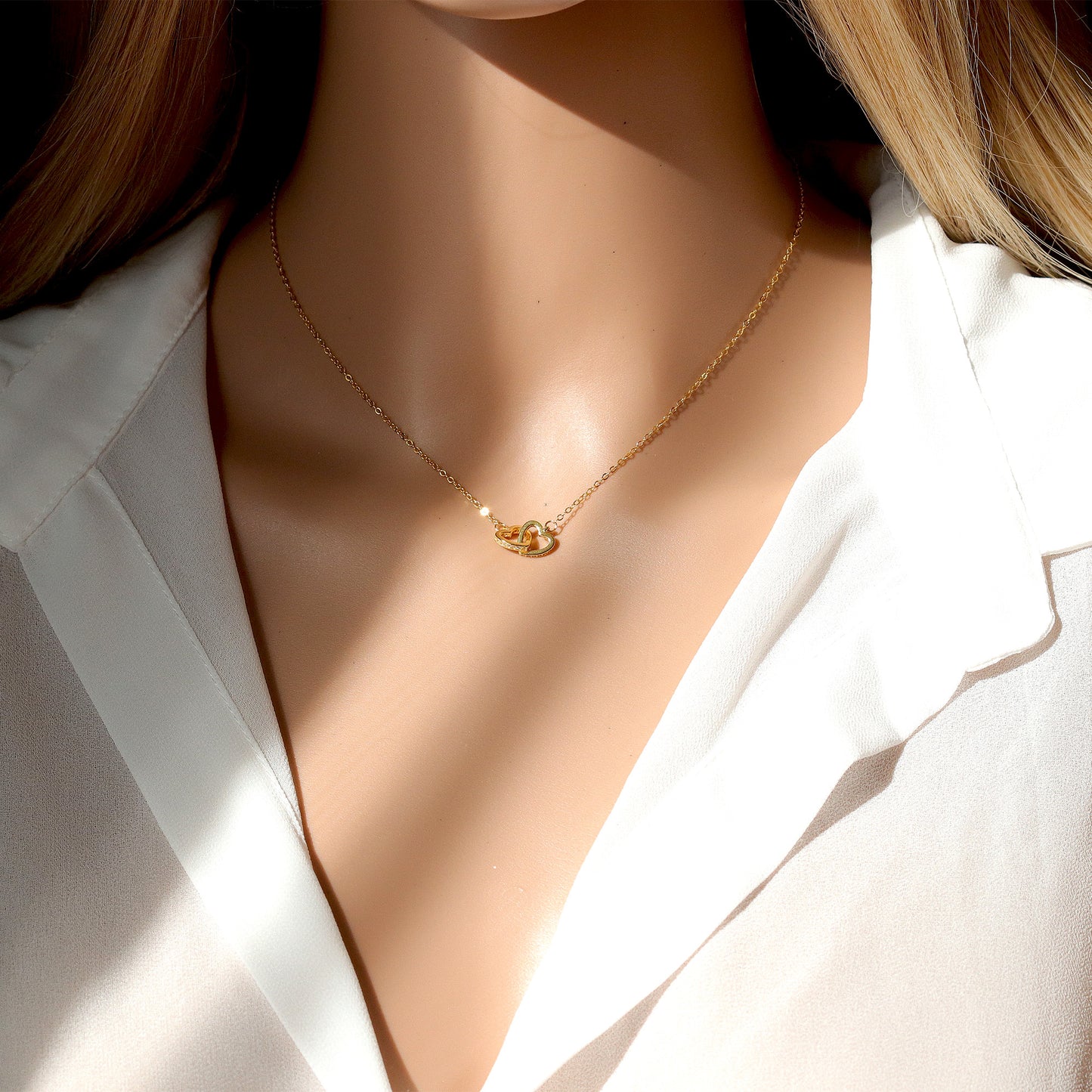 Two Hearts Dainty Gold Chain Choker, 925 Sterling Silver 18K Chain, Minimalist Style