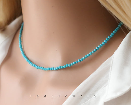 Blue Turquoise 3mm Faceted Beaded Choker, Bracelet, Natural Gemstones