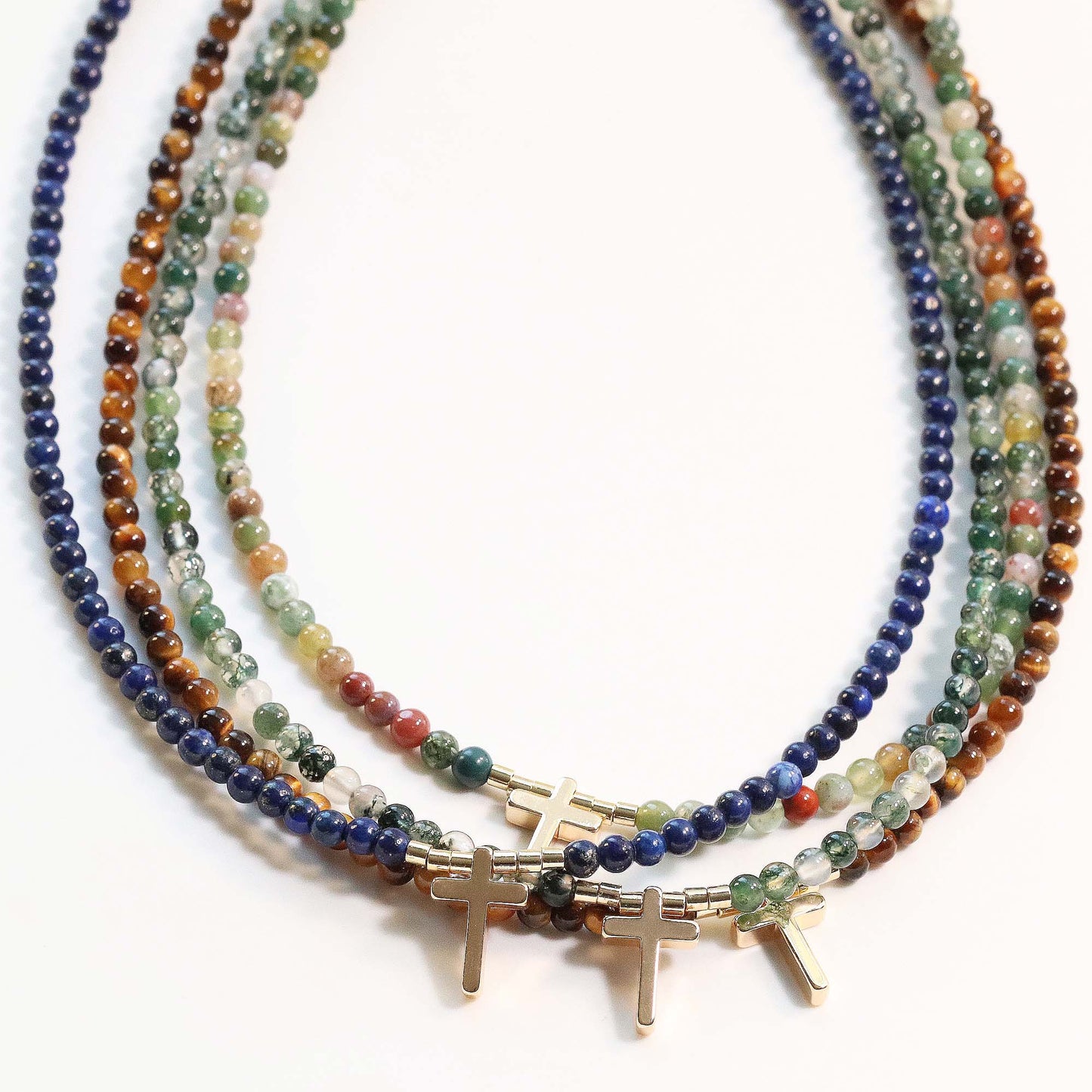 Natural Gemstone Beaded Choker with Cross Pendant, 3mm Beads, Moss Agate, Indian Jasper, Lapis Lazuli, Tiger's Eye