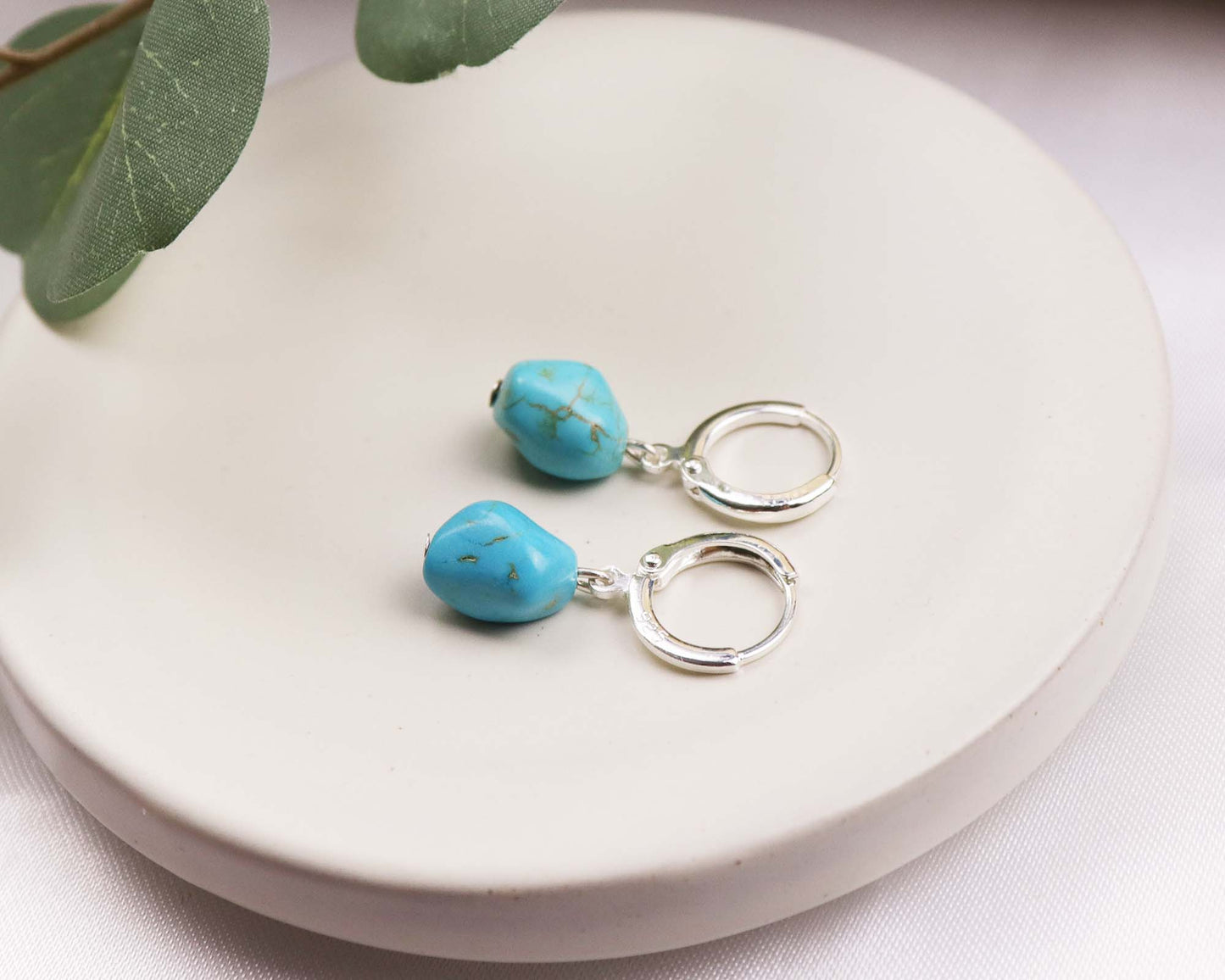 Blue Turquoise Stone Beaded Earrings, Dangle Drop Earrings, Hoop Earrings