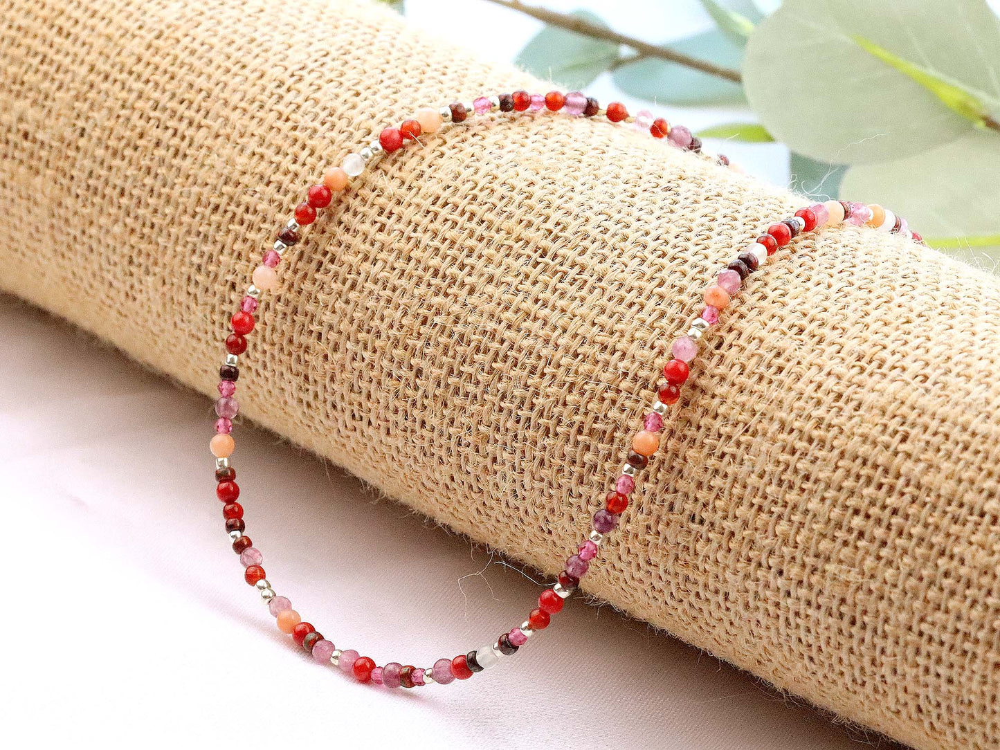 Red Mixed Gemstones 3mm Beaded Choker, Bracelet, Natural Gemstones