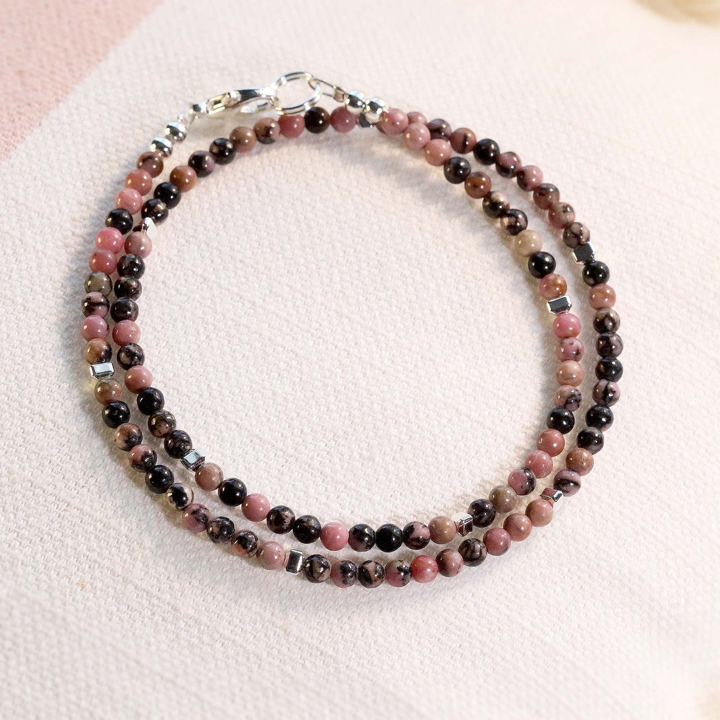 Rhodonite 3mm Round Beaded Choker, Bracelet, Natural Gemstones