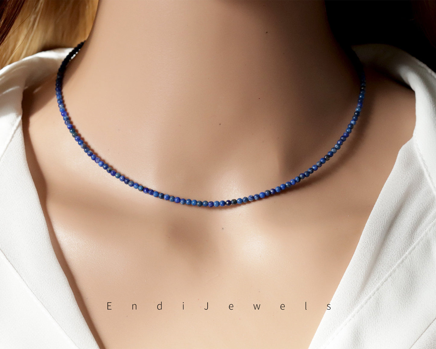 Lapis Lazuli 2mm Round Beaded Choker, Natural Gemstones, Tiny Beaded Necklace