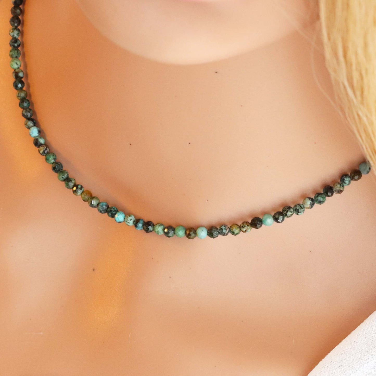 African Turquoise 3mm Faceted Beaded Choker, Bracelet, Natural Gemstones